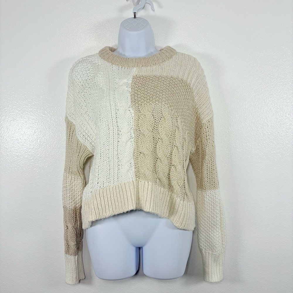 Aerie Patchwork Crew Neck Cable Knit  Long Sleeve Cream and Sweater SzXS Cozy